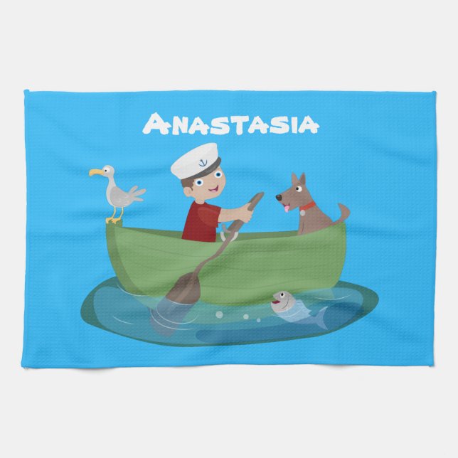 Cute boy sailor and dog rowing boat cartoon kitchen towel (Horizontal)