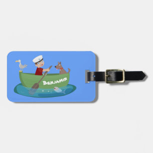 Cute boy sailor and dog rowing boat cartoon luggage tag