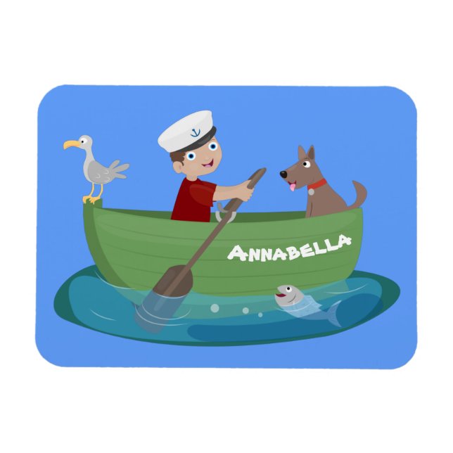 Cute boy sailor and dog rowing boat cartoon magnet (Horizontal)