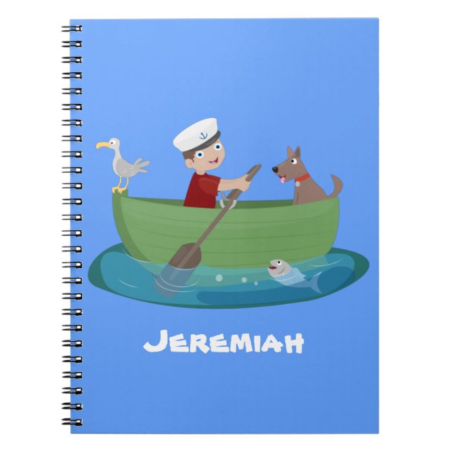Cute boy sailor and dog rowing boat cartoon notebook (Front)
