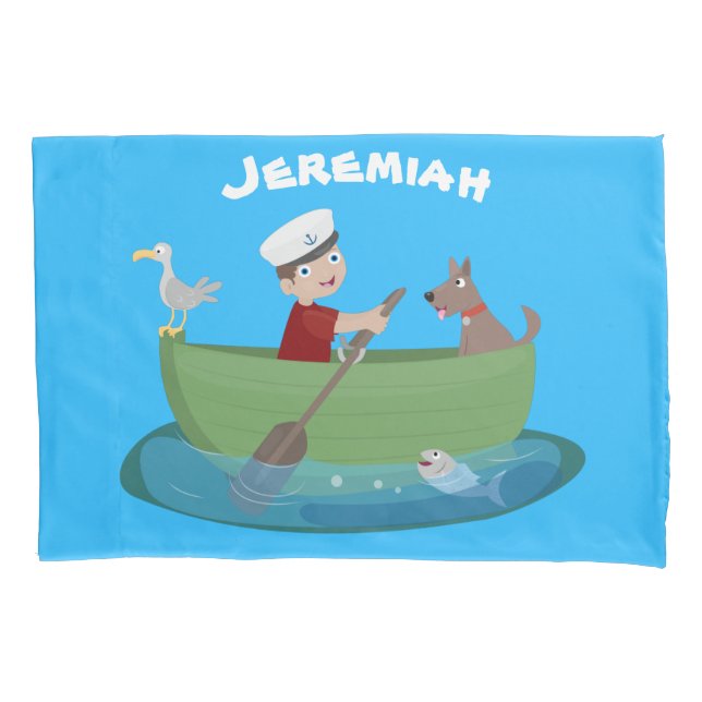 Cute boy sailor and dog rowing boat cartoon pillowcase (Front)