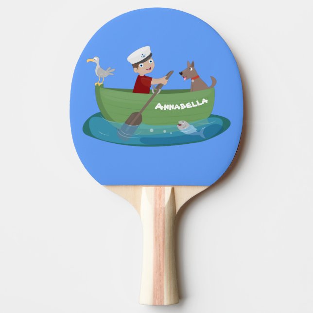 Cute boy sailor and dog rowing boat cartoon  ping pong paddle (Front)