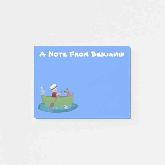 Cute boy sailor and dog rowing boat cartoon post-it notes (Front)