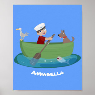 Cute boy sailor and dog rowing boat cartoon poster