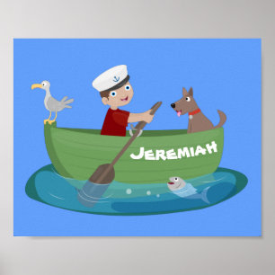 Cute boy sailor and dog rowing boat cartoon poster