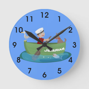 Cute boy sailor and dog rowing boat cartoon round clock