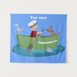 Cute boy sailor and dog rowing boat cartoon tapestry