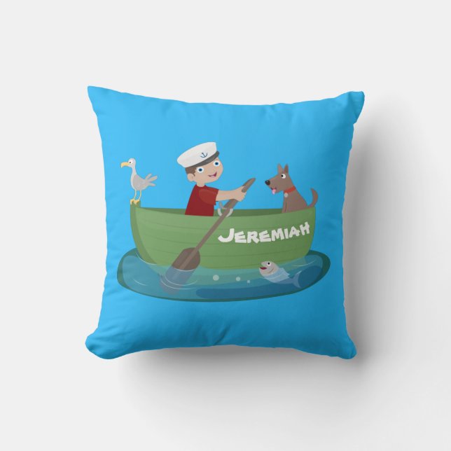 Cute boy sailor and dog rowing boat cartoon throw pillow (Front)