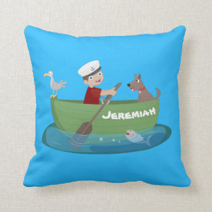 Cute boy sailor and dog rowing boat cartoon throw pillow