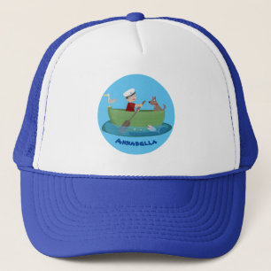Cute boy sailor and dog rowing boat cartoon trucker hat