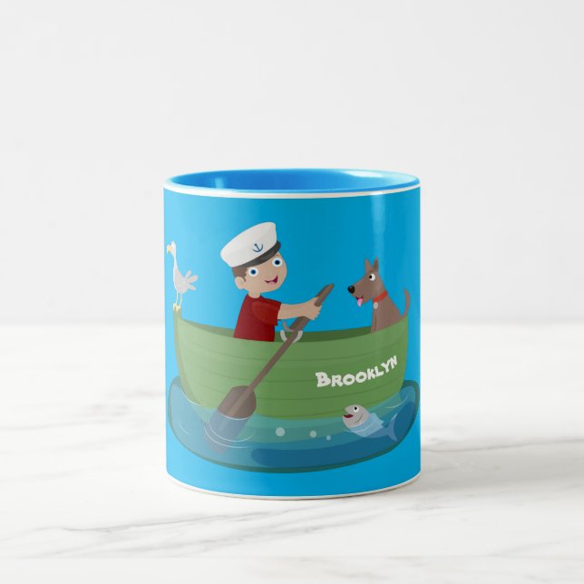 Cute boy sailor and dog rowing boat cartoon Two-Tone coffee mug (Center)