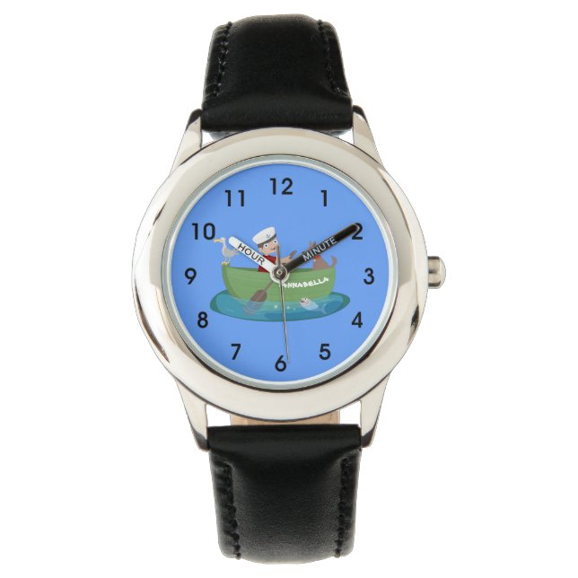 Cute boy sailor and dog rowing boat cartoon watch (Front)