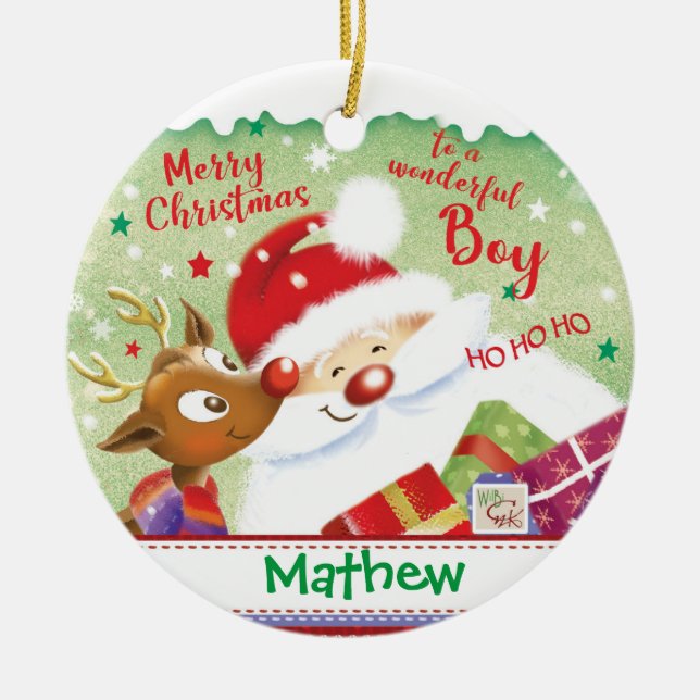 Cute Boy, Santa, Deer & Presents, Christmas Ceramic Ornament (Front)