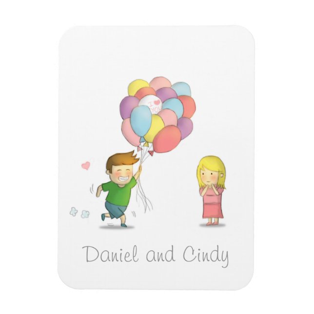 Cute Boy Shares His Love to Girl with Balloons Magnet (Vertical)