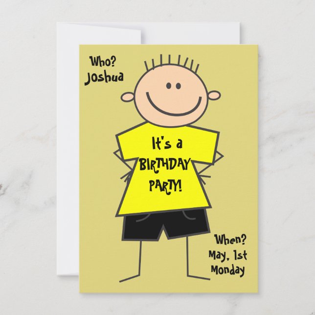 Cute Boy Stick Figure Birthday Invitation (Front)