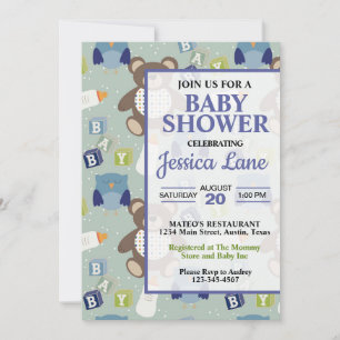 Cute Boy Teddy Bear Baby Shower Invitation