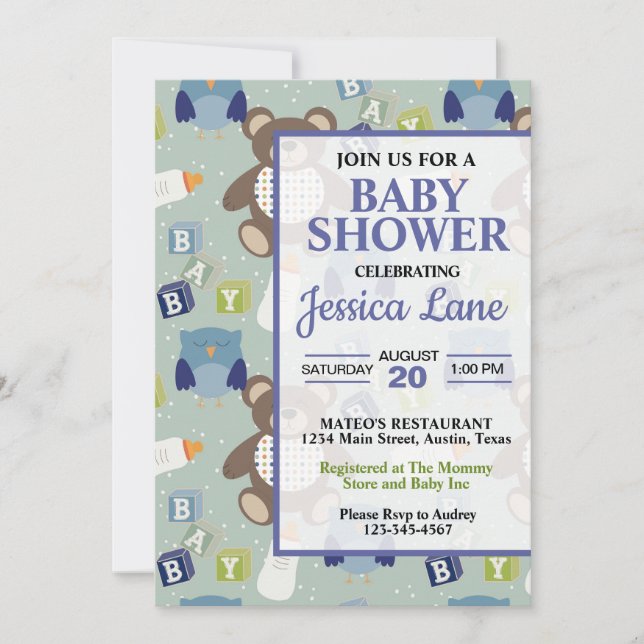 Cute Boy Teddy Bear Baby Shower Invitation (Front)