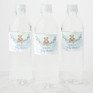 Cute boy teddy bear light blue floral eucalyptus water bottle label