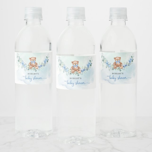 Cute boy teddy bear light blue floral eucalyptus water bottle label (Bottles)