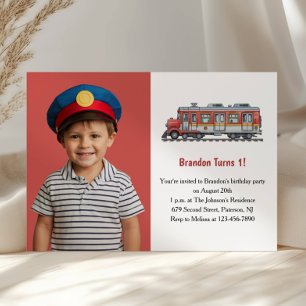Cute Boy Train Photo Kids 1st Birthday Party Invitation