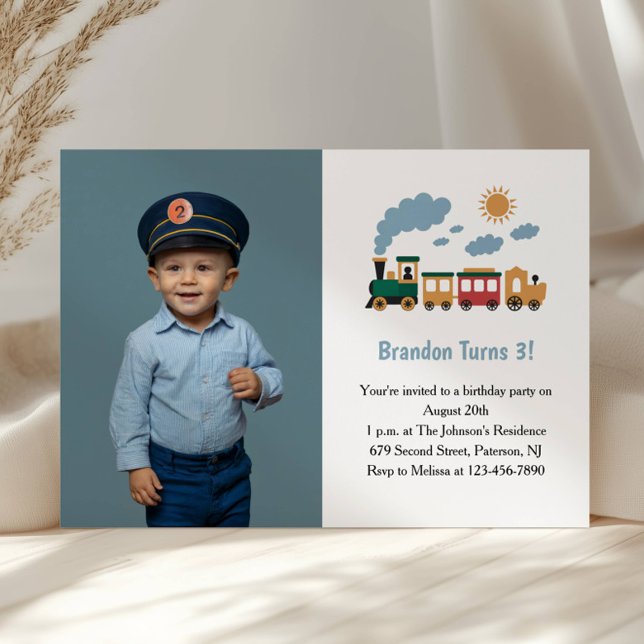 Cute Boy Train Photo Kids 3rd Birthday Party Invitation (Creator Uploaded)