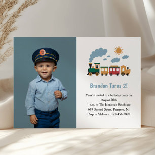 Cute Boy Train Photo Kids Birthday Party Invitation