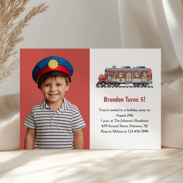 Cute Boy Train Photo Kids Birthday Party Invitation (Creator Uploaded)