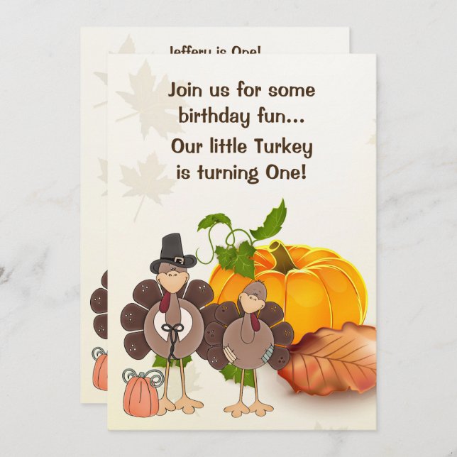 Cute Boy Turkey Thanksgiving 1st Birthday Invitation (Front/Back)