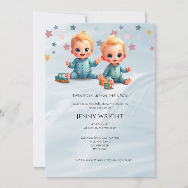 Cute Boy Twins Baby Shower Invitation (Front)