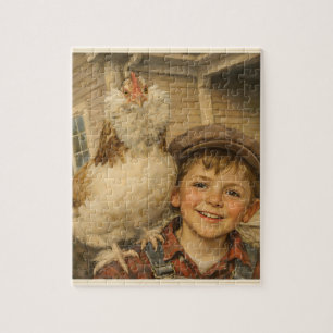 Cute Boy With Chicken Jigsaw Puzzle