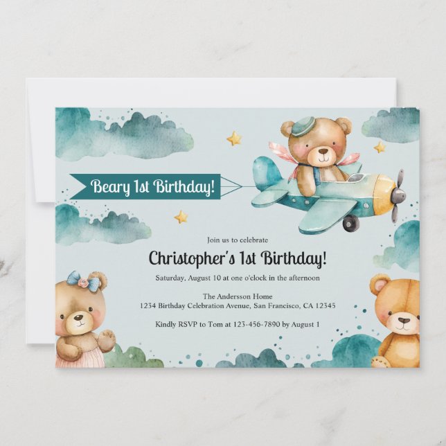Cute Boy's Aeroplane 1st Birthday Party Invitation (Front)
