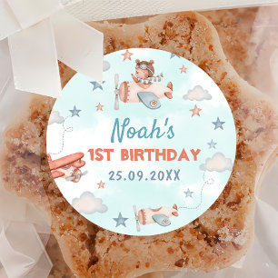 Cute Boy's Airplane Theme 1st Birthday Party Classic Round Sticker