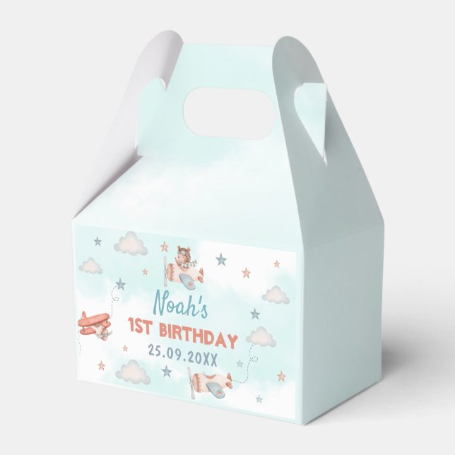 Cute Boy's Airplane Theme 1st Birthday Party Favor Box (Front Side)
