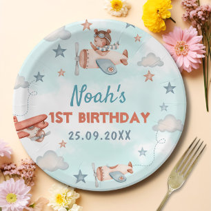 Cute Boy's Airplane Theme 1st Birthday Party Paper Plate