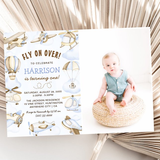 Cute Boy's Airplane Theme 1st Birthday Party Photo Invitation (Creator Uploaded)