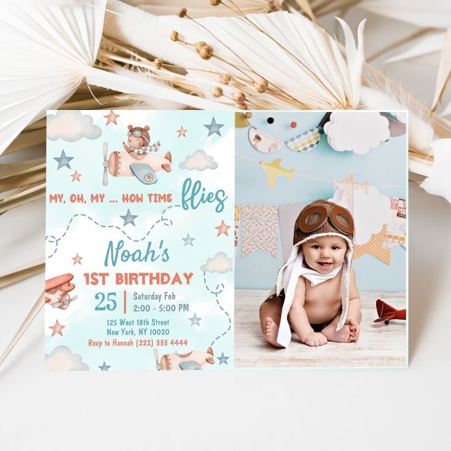 Cute Boy's Airplane Theme 1st Birthday Party Photo Invitation (Creator Uploaded)