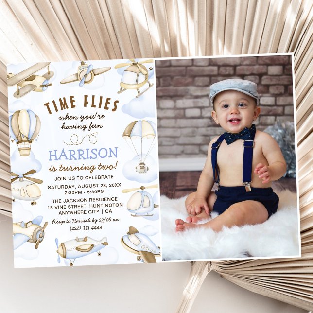 Cute Boy's Airplane Theme 2nd Birthday Party Photo Invitation (Creator Uploaded)