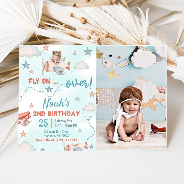 Cute Boy's Airplane Theme 2nd Birthday Party Photo Invitation (Creator Uploaded)