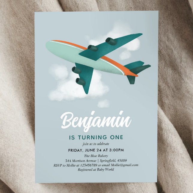 Cute Boys Blue Airplane Travel 1st Birthday Invitation (Creator Uploaded)