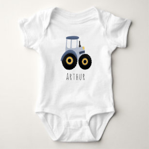 Cute Boys Blue Farm Tractor with Name Baby Bodysuit