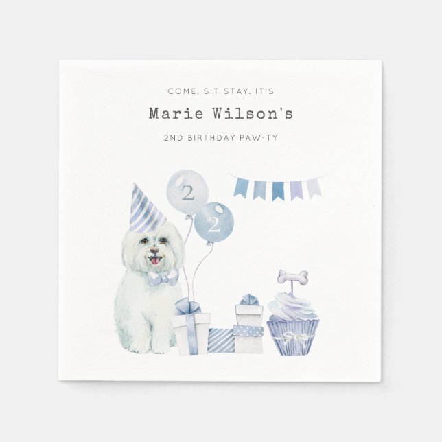 Cute Boys Blue Party Puppy Dog Any Age Birthday Napkin (Front)