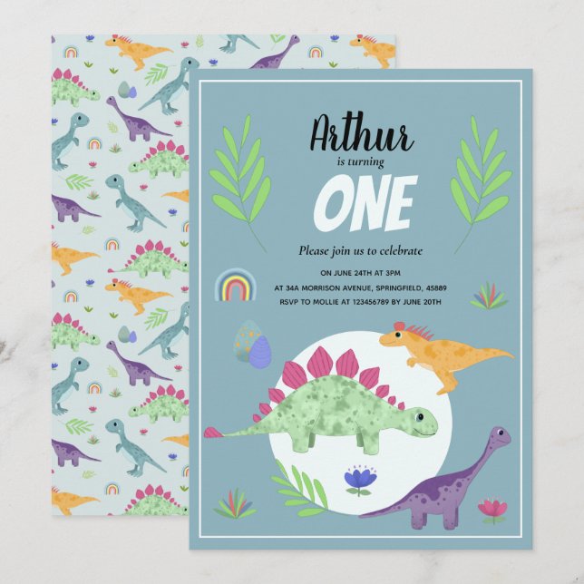 Cute Boys Blue T-Rex Dinosaur Jungle 1st Birthday Invitation (Front/Back)