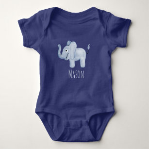 Cute Boy's Blue Watercolor Elephant Safari Name Baby Bodysuit