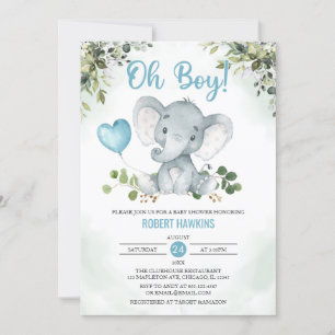 Cute Boy's Elephant Watercolor Baby Shower Invita Invitation