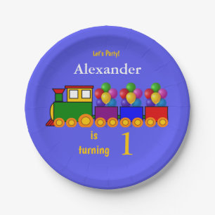 Cute Boy's First Birthday Train and Balloons Paper Plate