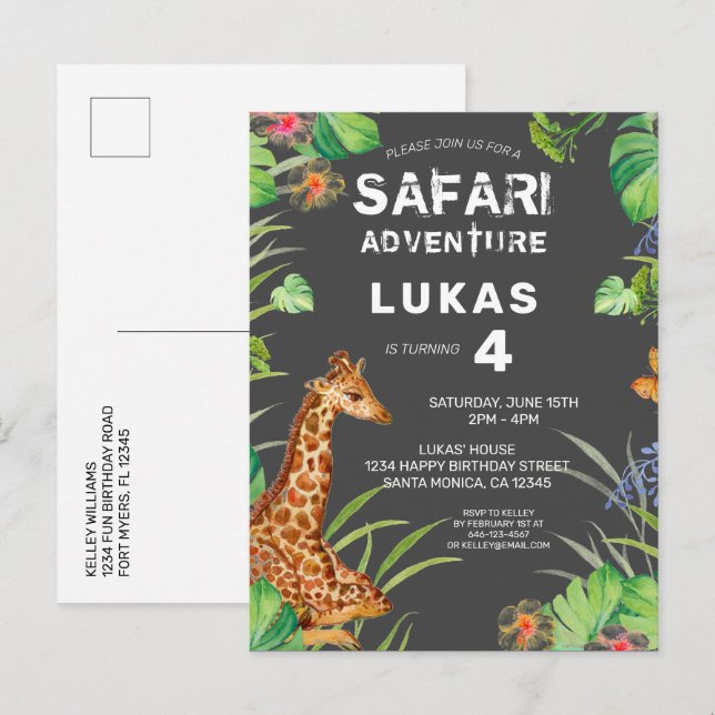 Cute Boys Jungle Safari Giraffe Birthday  Invitation Postcard (Front/Back)