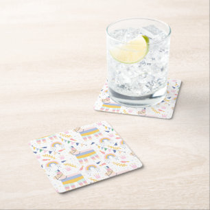 Cute Boy's Llama Rainbow Birthday Party  Square Paper Coaster