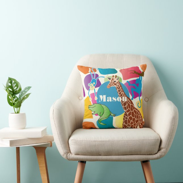 Cute Boy's Personalized Giraffe Monkey Alligator Throw Pillow (Chair)
