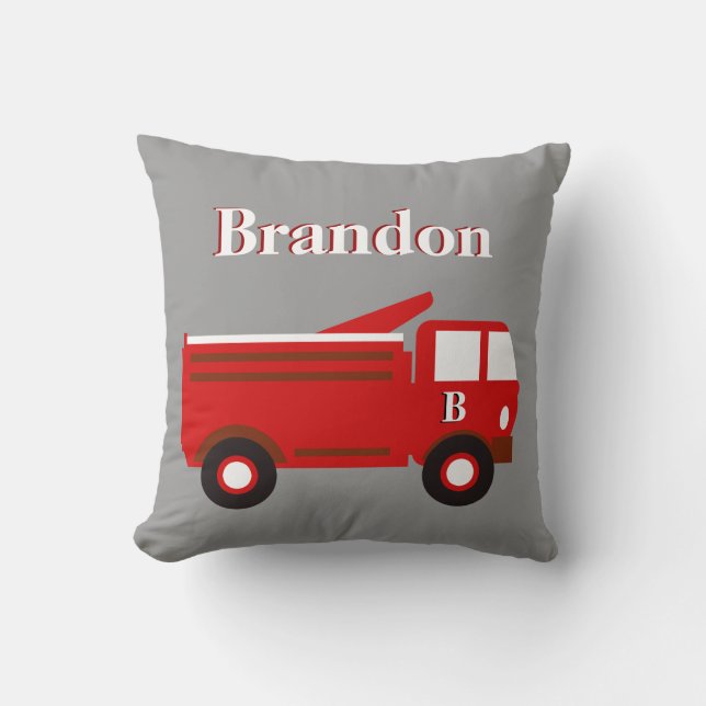 Cute Boy's Pillow, Red Firetruck on Grey, add Name Throw Pillow (Front)