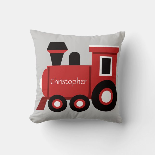 Cute Boy's Pillow, Red Train w/ Name Throw Pillow (Front)